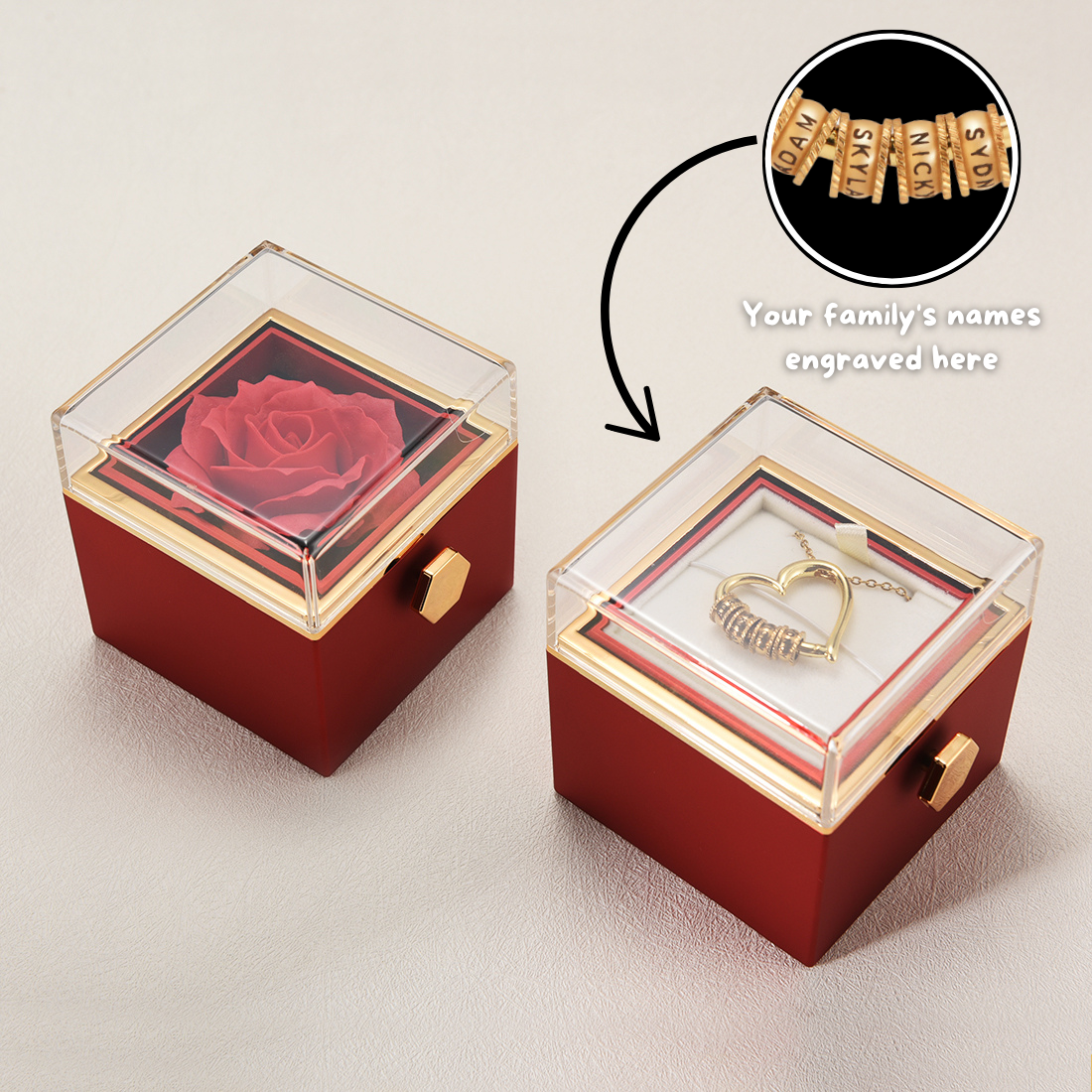 "Heart of Our Family" Necklace with Names Engraving & Forever Rose Box