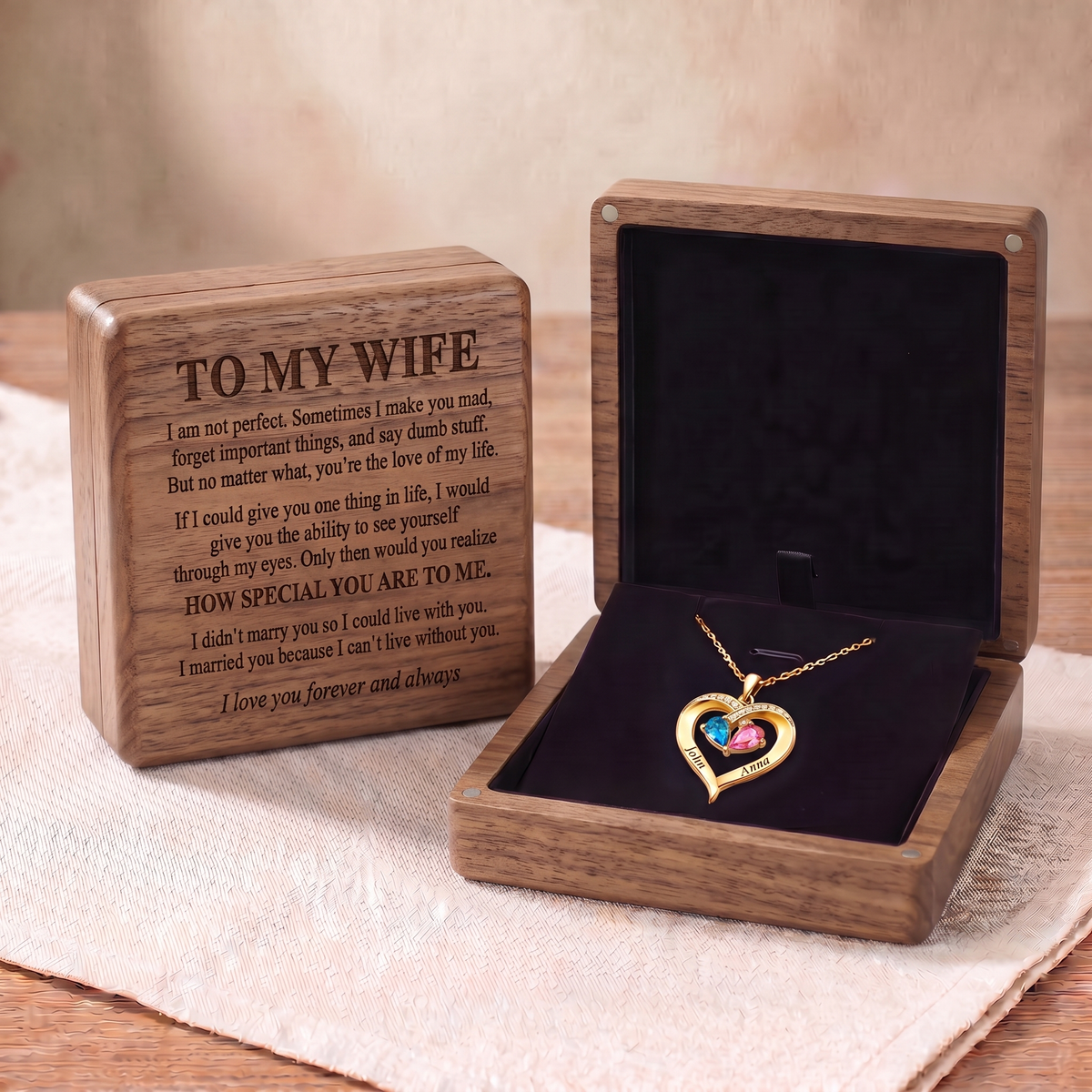 Forever Yours - Birthstone Heart Necklace & Engraved Walnut Box 1