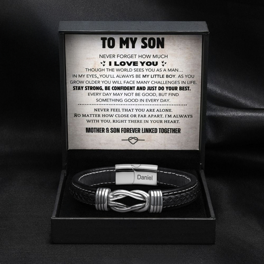 Son's Infinity Knot Bracelet Gift Set with Engraved Name